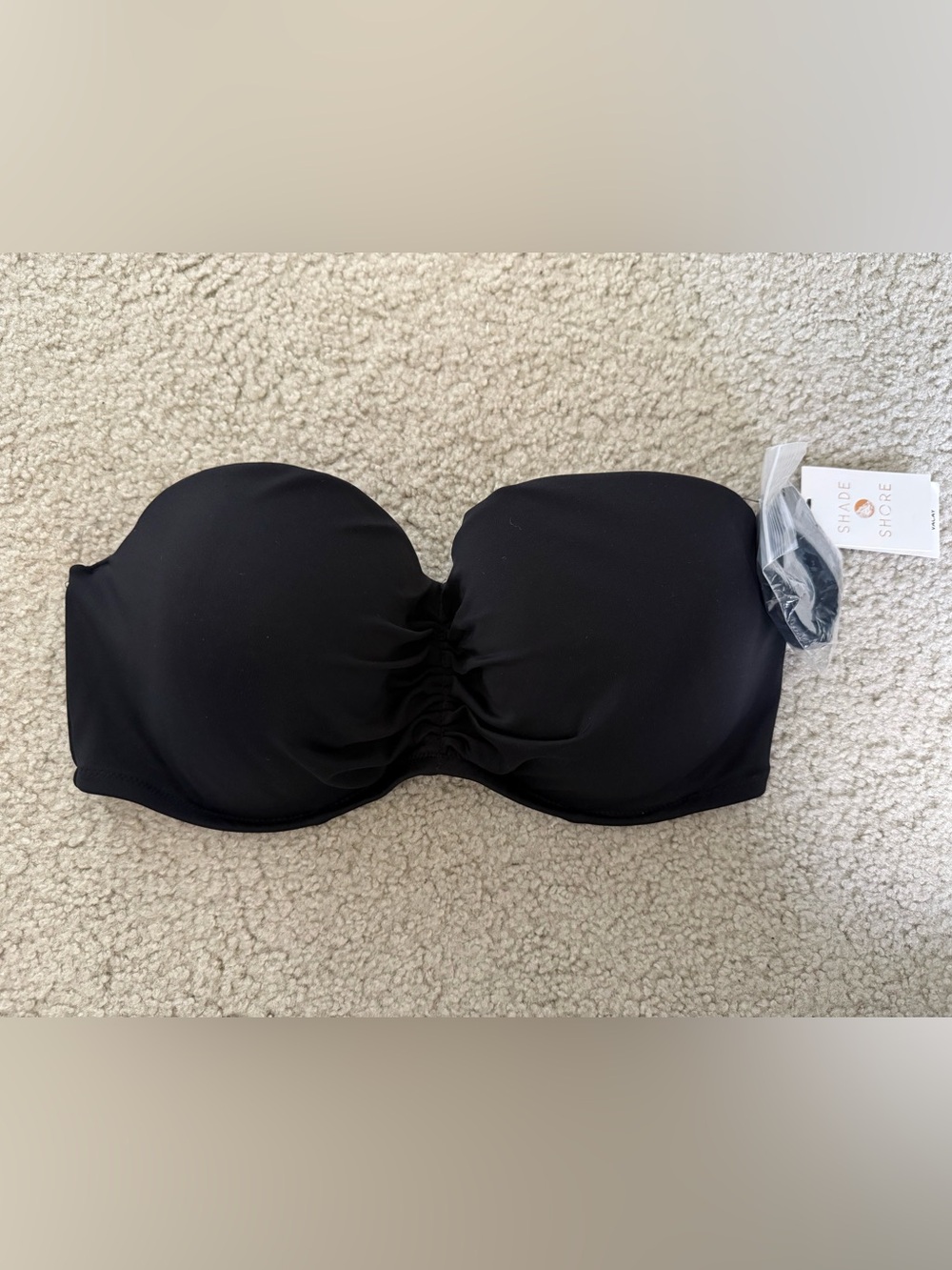 Strapless Black Bandeau Swim Top with Ruched Center